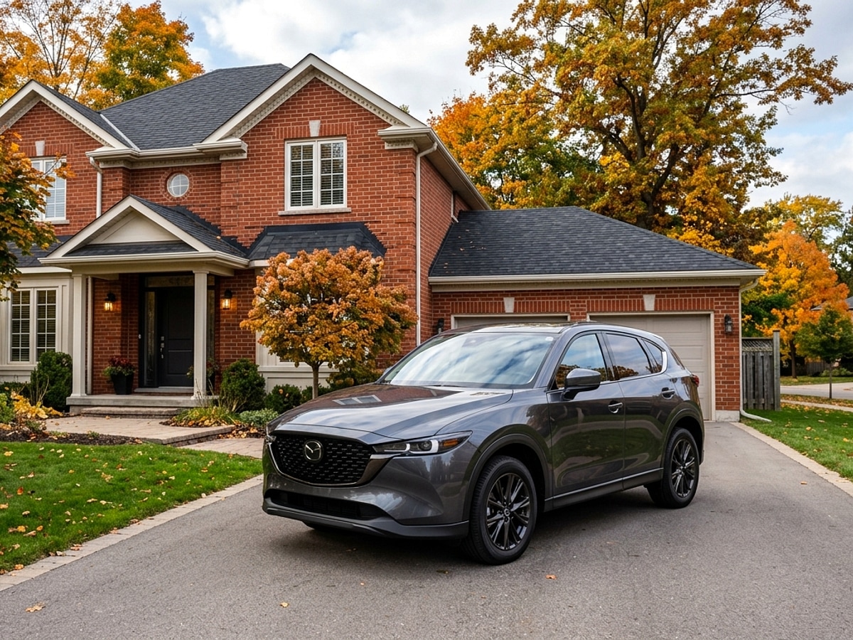 Modern charcoal SUV car parked in the driveway in front of a classic brick two-storey detached house in London, Ontario during autumn