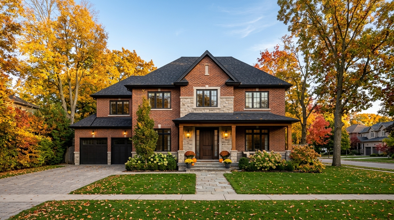 Upscale Southwestern Ontario red brick and limestone two-storey detached home in London Ontario during October autumn illustrating home equity preservation and second mortgage math