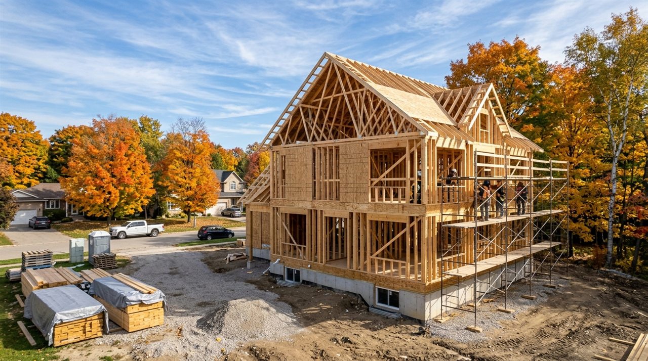 Custom home framing and progress draw inspection on a residential building lot in London, Ontario